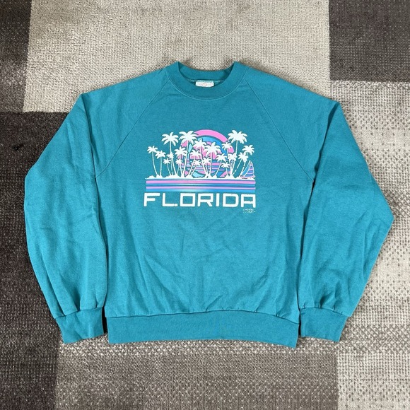 Vintage Florida Palm Trees Sweatshirt Boxy Mens L 80/90s USA Crewneck Beach Surf - Picture 1 of 8